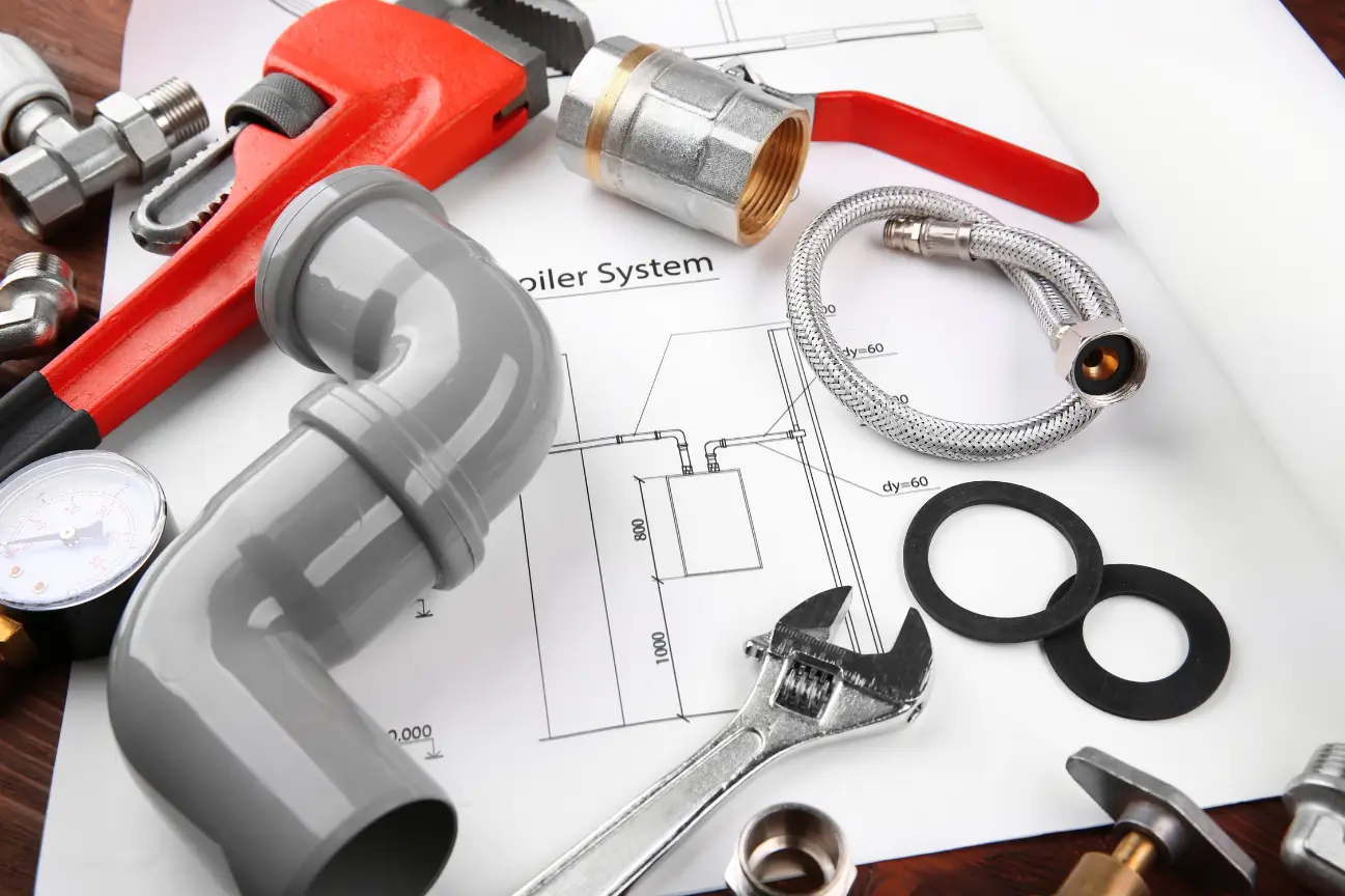 Plumbing tools and parts arranged on a service plan for Taylor Plumbing South Auckland showing fast service support in south auckland