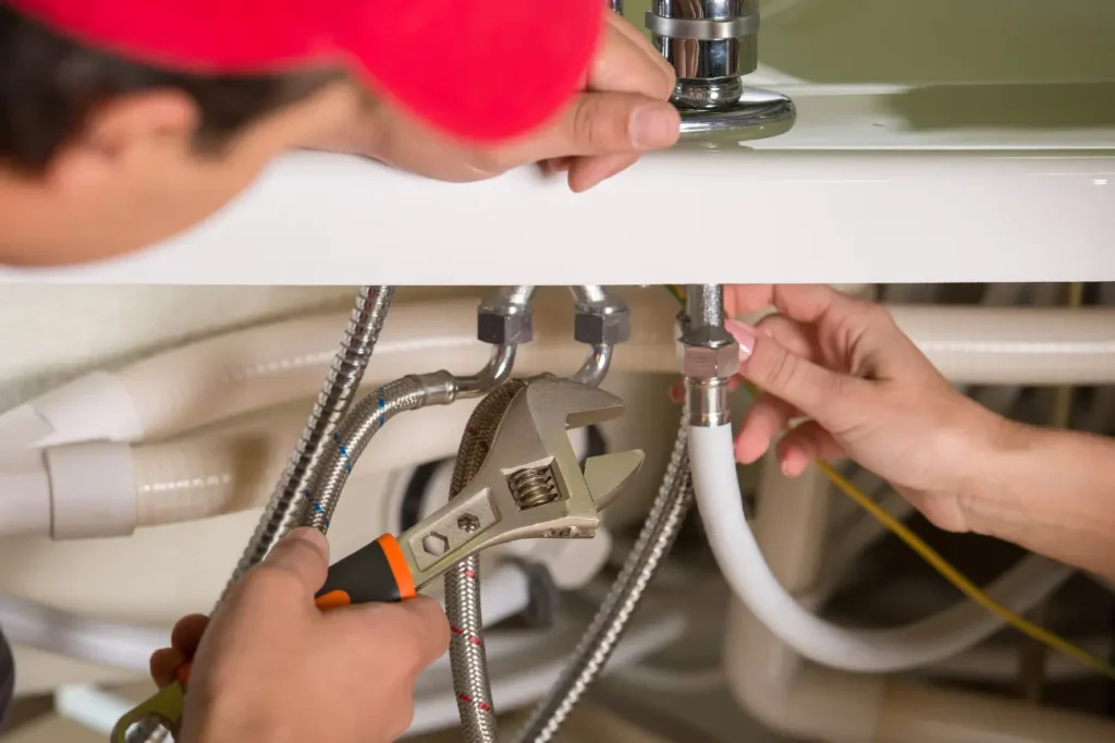 Hands adjusting sink fittings and hose connections for Taylor Plumbing South Auckland showing detailed plumbing maintenance and upgrades